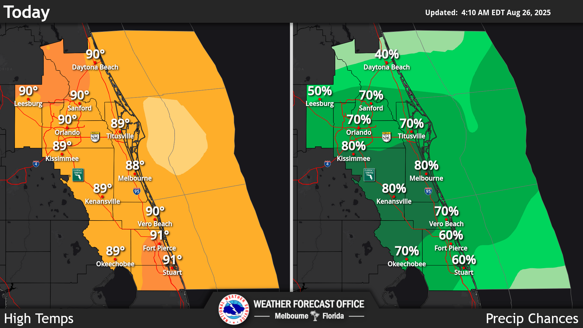 National Weather Service Central Florida rain chances and high temperatures.