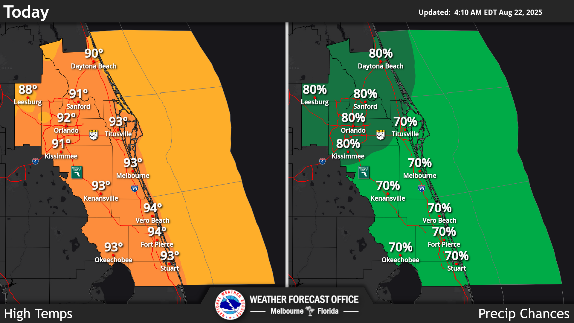 National Weather Service Central Florida rain chances and high temperatures.