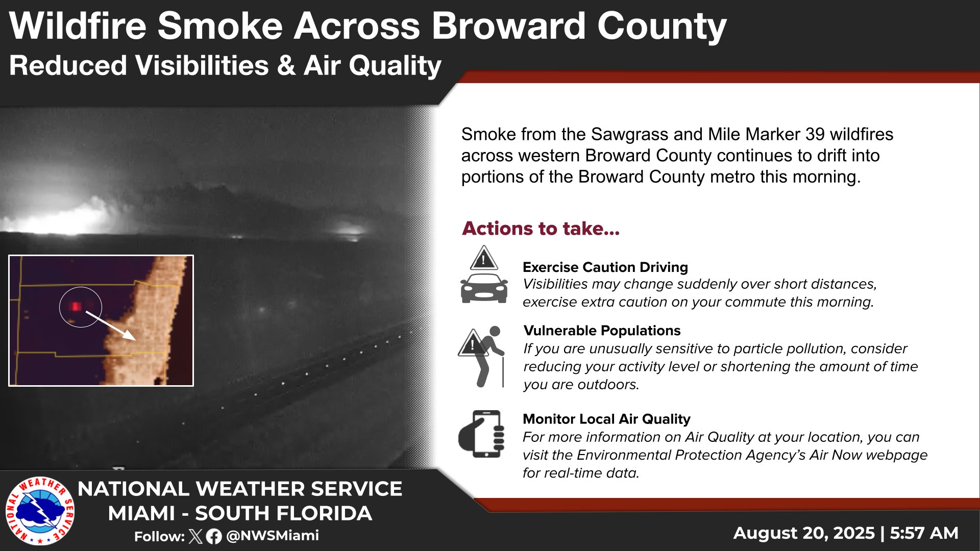 Infographic from the National Weather Service Miami-South Florida titled 'Wildfire Smoke Across Broward County: Reduced Visibilities & Air Quality,' detailing smoke from Sawgrass and Mile Marker 39 wildfires drifting into metro areas, with actions to take including exercising caution while driving, advice for vulnerable populations, and monitoring air quality via AirNow, dated August 20, 2025 at 5:57 AM.