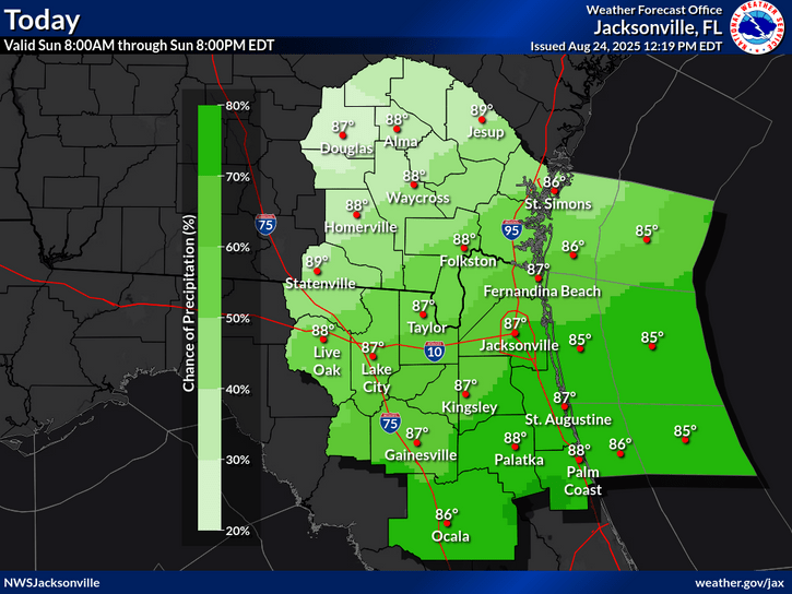 National Weather Service Jacksonville rain and temperature forecast for North Florida