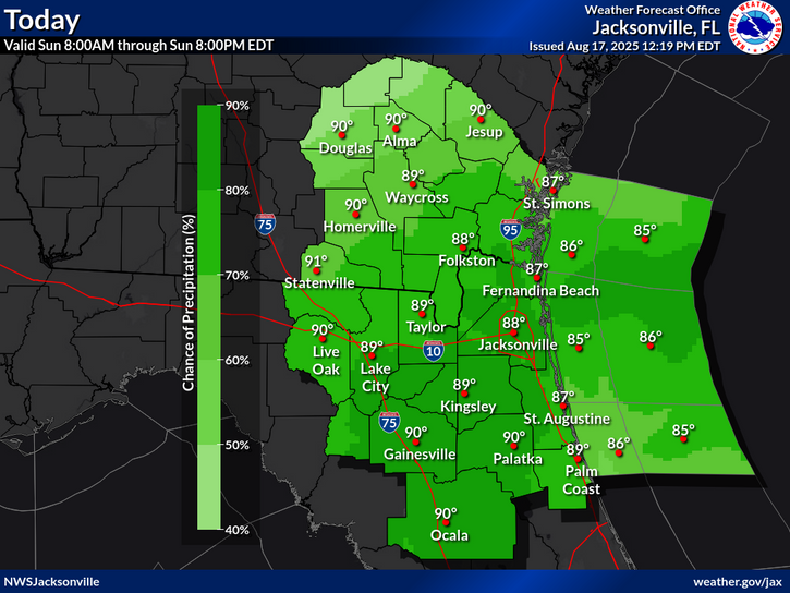 National Weather Service Jacksonville rain and temperature forecast for North Florida