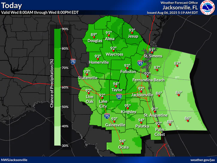 National Weather Service Jacksonville North Florida Rain Chances and Temperature forecast.