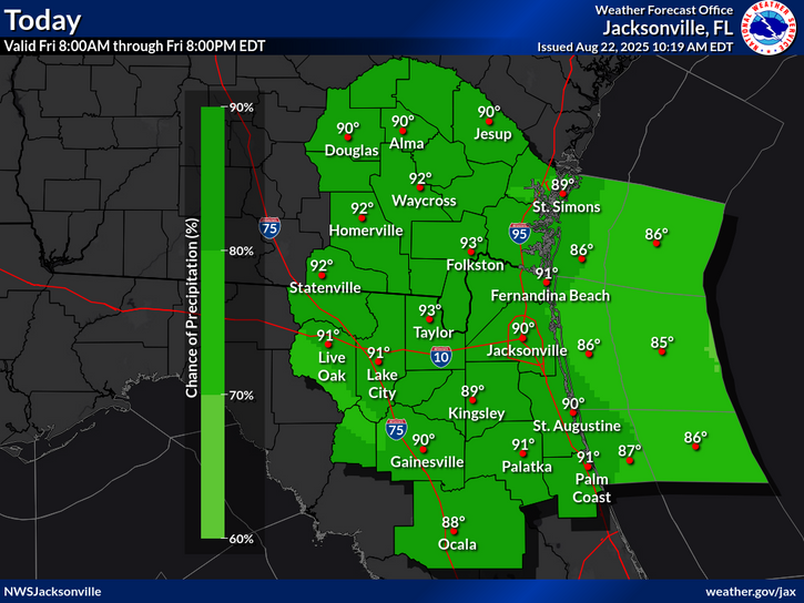 National Weather Service Jacksonville rain and temperature forecast for North Florida