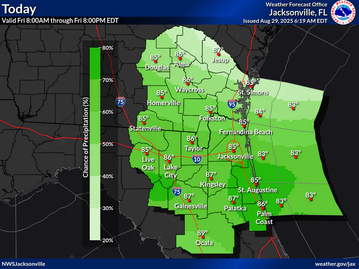 National Weather Service Jacksonville rain and temperature forecast for North Florida