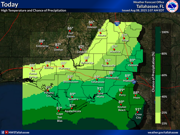 National Weather Service Tallahassee rain and temperature forecast for the Florida Panhandle and Big Bend