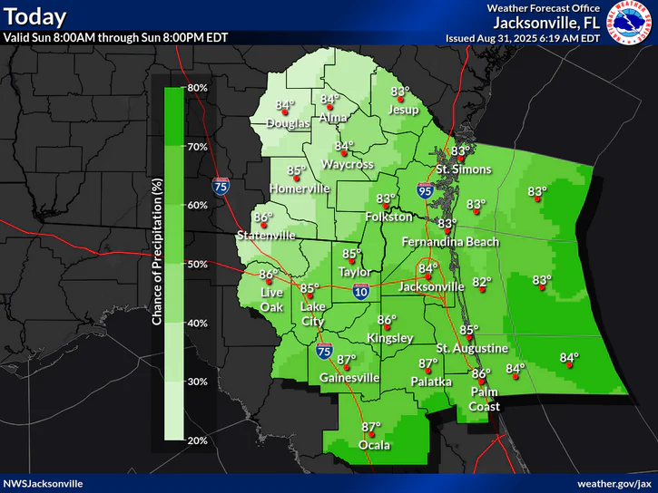 National Weather Service Jacksonville rain and temperature forecast for North Florida