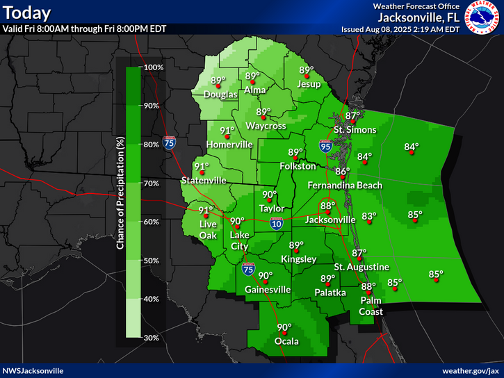 National Weather Service Jacksonville North Florida Rain Chances and Temperature forecast.