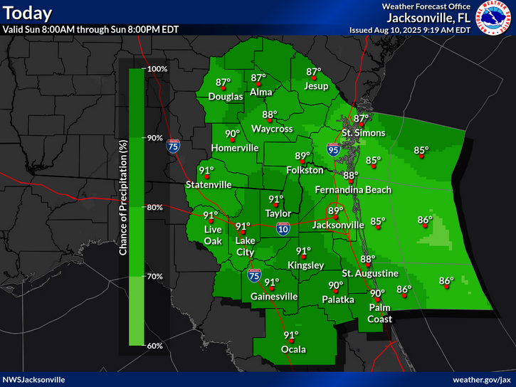 National Weather Service Jacksonville North Florida Rain Chances and Temperature forecast.
