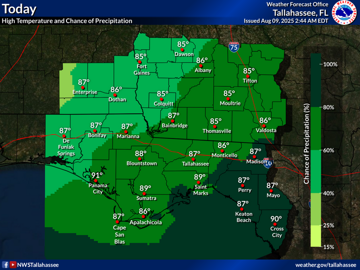 National Weather Service Tallahassee rain and temperature forecast for the Florida Panhandle and Big Bend