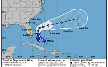 NOAA: Tropical Depression 9 Projected Path, Spaghetti Models, Tropical Storm Watch Issued For Florida East Coast