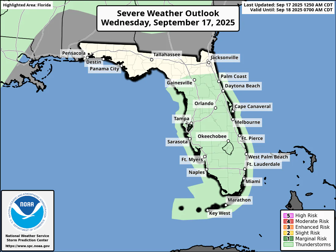 National Weather Service Storm Prediction Center Severe Weather Outlook for Florida September 17, 2025