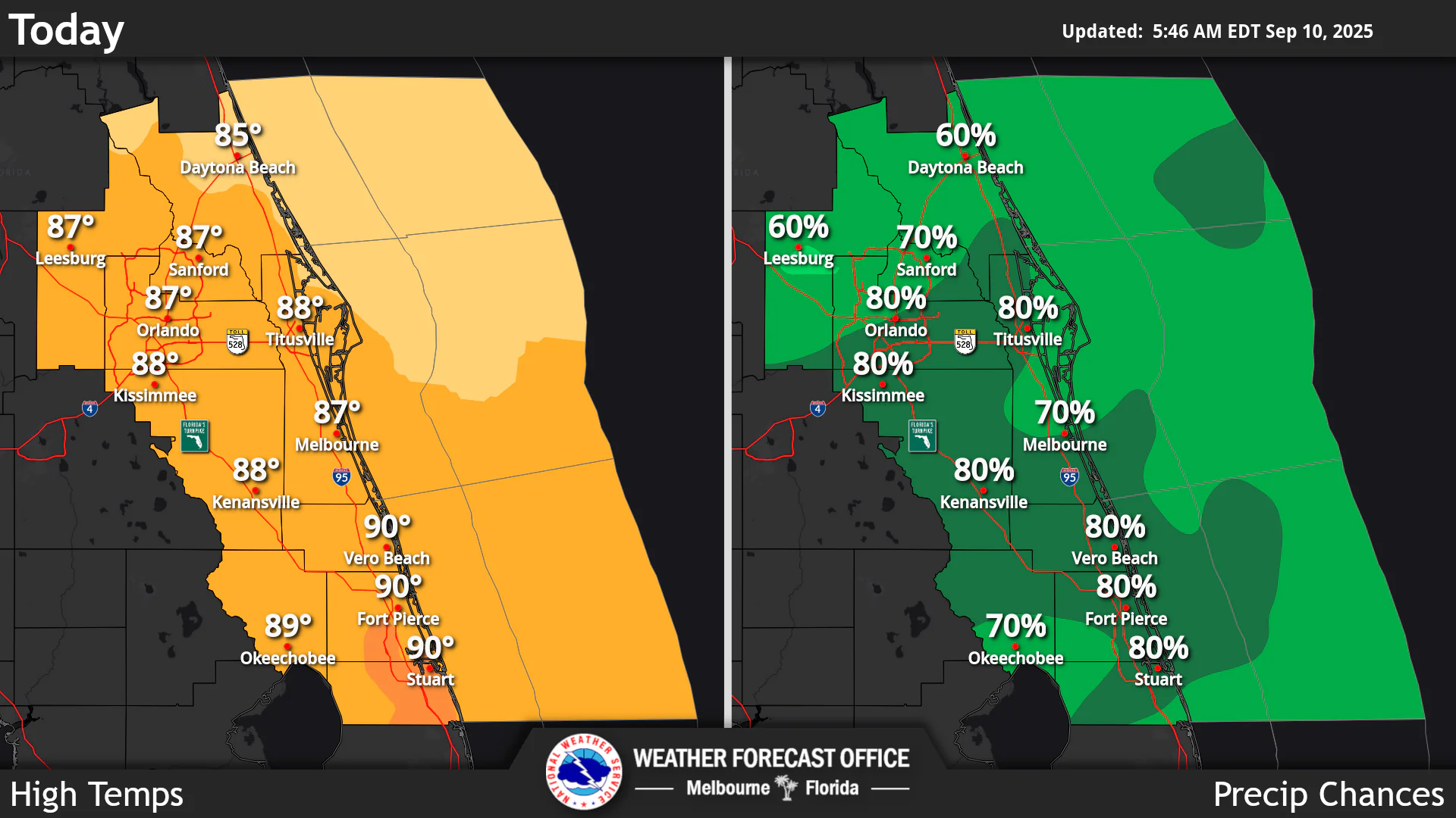 National Weather Service Central Florida rain chances and high temperatures September 10, 2025