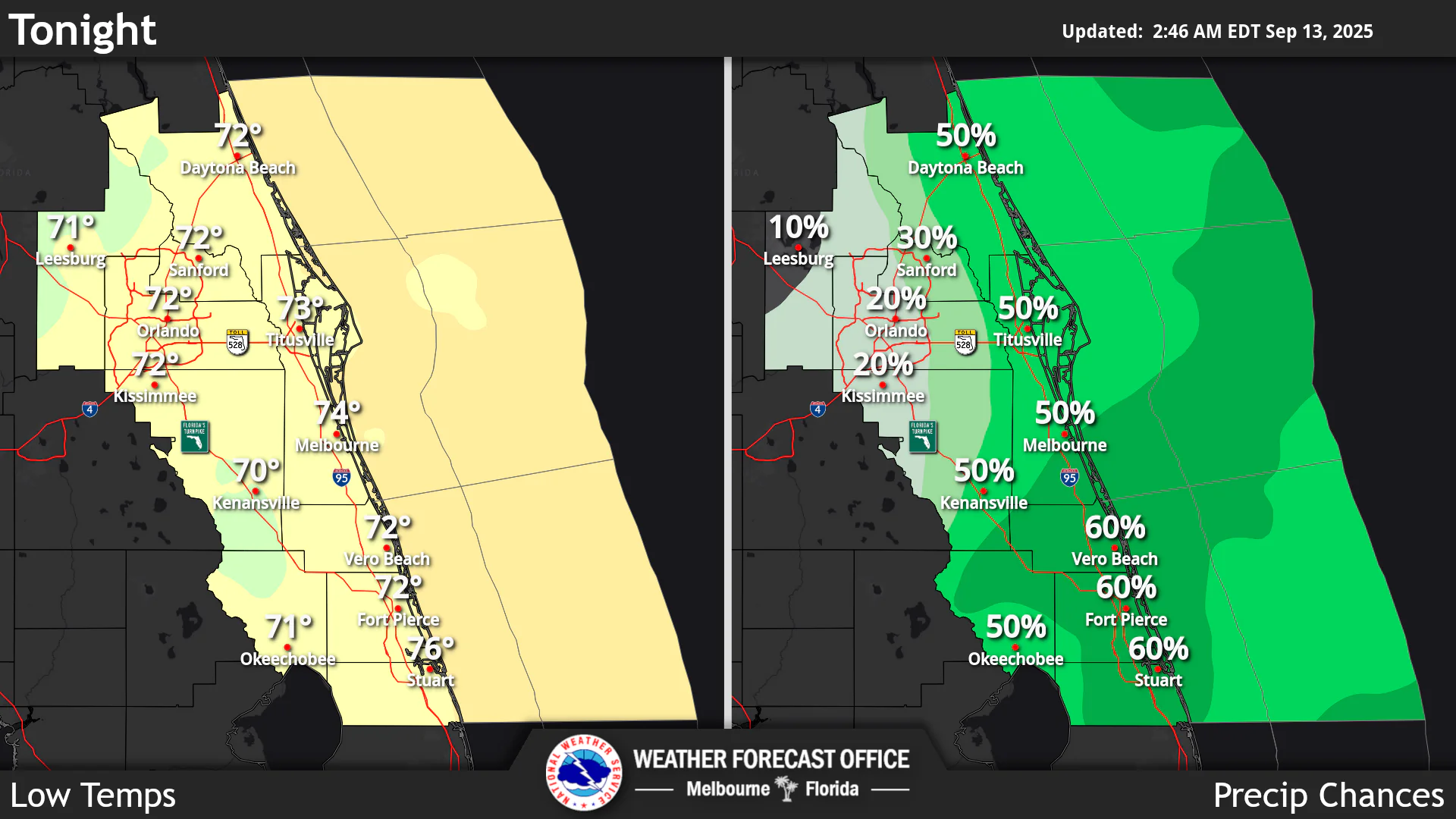 National Weather Service Central Florida rain chances and low temperatures September 13, 2025