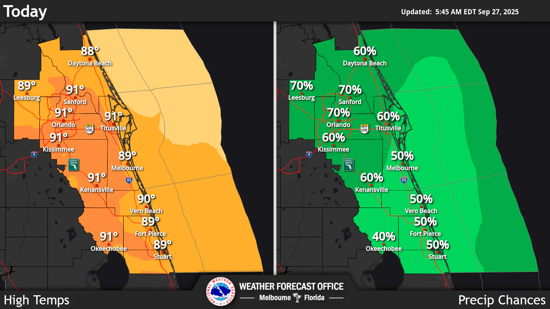National Weather Service Melbourne High Temperatures and Rain Chances for Central Florida September 27, 2025