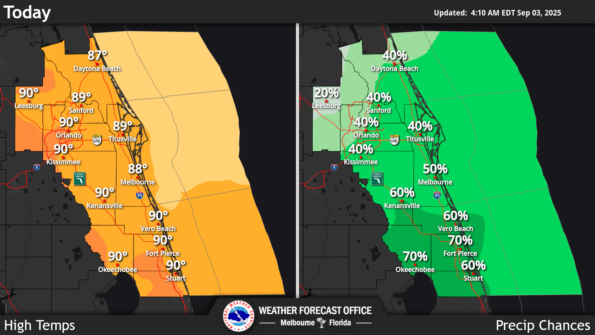National Weather Service Central Florida rain chances and high temperatures September 3, 2025