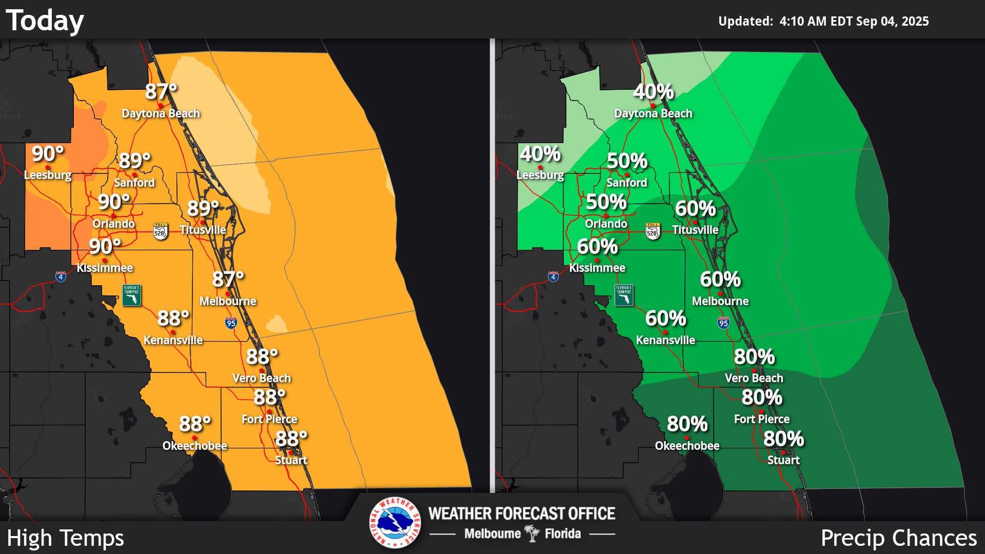 National Weather Service Central Florida rain chances and high temperatures September 4, 2025