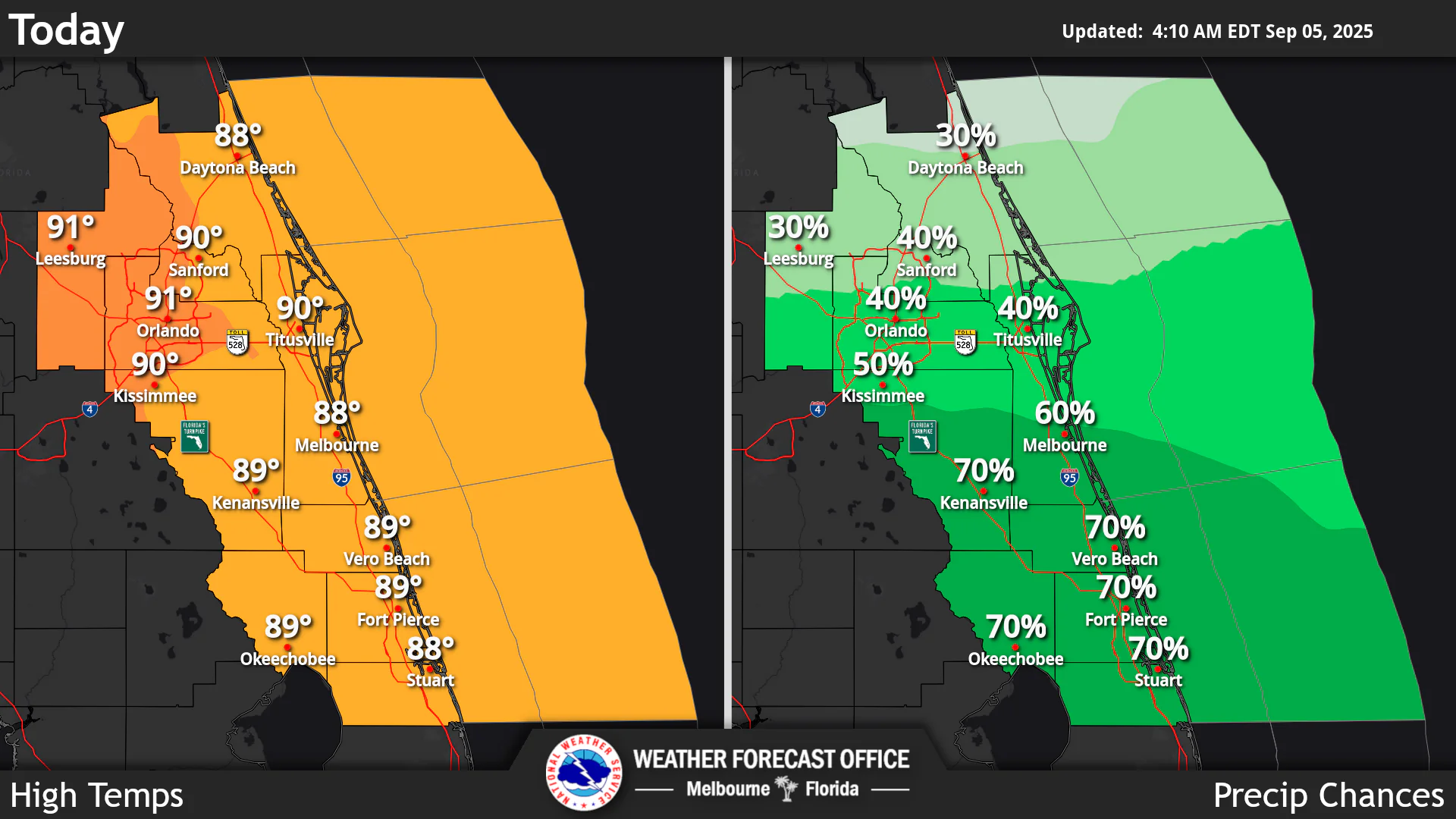 National Weather Service Central Florida rain chances and high temperatures September 5, 2025
