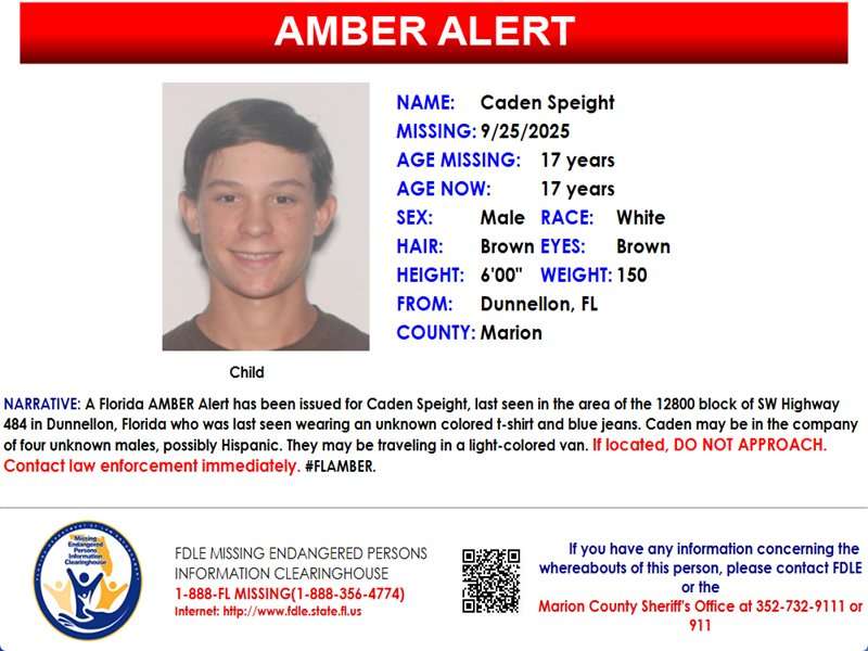 Official Florida AMBER Alert poster for Caden Speight, a 17-year-old white male with brown hair and eyes, 6'0" tall, 150 pounds, last seen in Dunnellon wearing an unknown-colored t-shirt and blue jeans, possibly abducted by four unknown Hispanic males in a light-colored van; includes contact information for FDLE Missing Endangered Persons and Marion County Sheriff's Office.