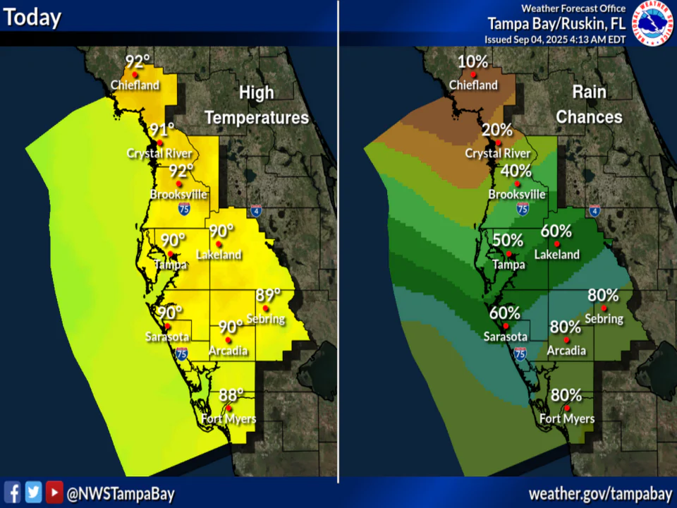 National Weather Service Central Florida rain chances and high temperatures September 4, 2025
