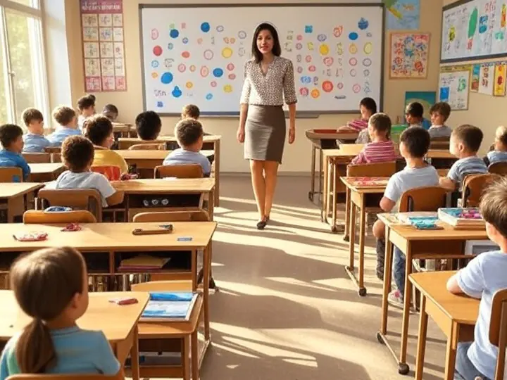 : A partially filled first-grade classroom during a lesson. AI illustration.