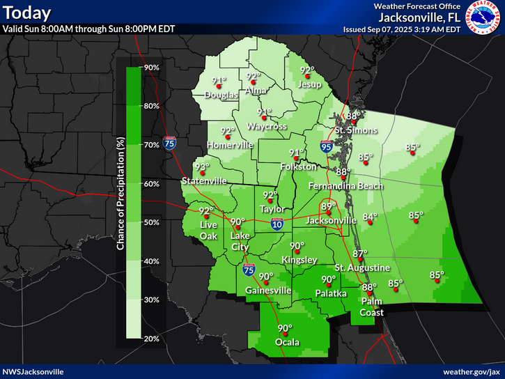 National Weather Service Jacksonville rain and temperature forecast for North Florida