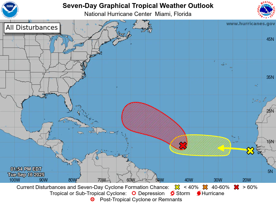 NOAA National Hurricane Center Tropical Weather Outlook for September 16, 2025.