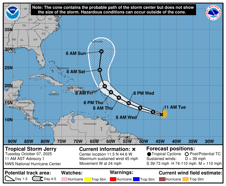 NOAA National Hurricane Center Tropical Storm Jerry Projected Path