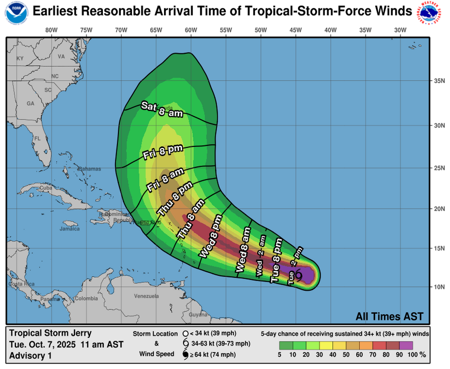 NOAA National Hurricane Center Tropical Storm Jerry Wind Arrival Time