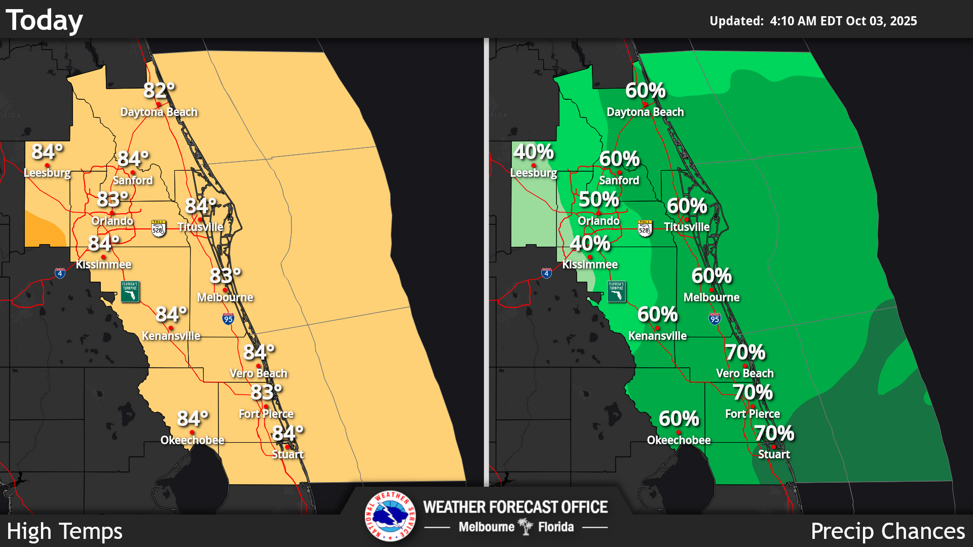 National Weather Service Melbourne High Temperatures and Rain Chances for Central Florida October 3, 2025