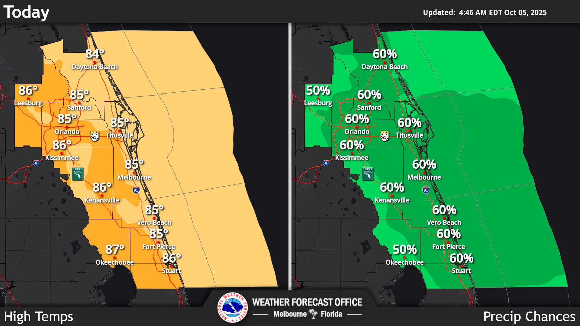 National Weather Service Melbourne High Temperatures and Rain Chances for Central Florida October 5, 2025