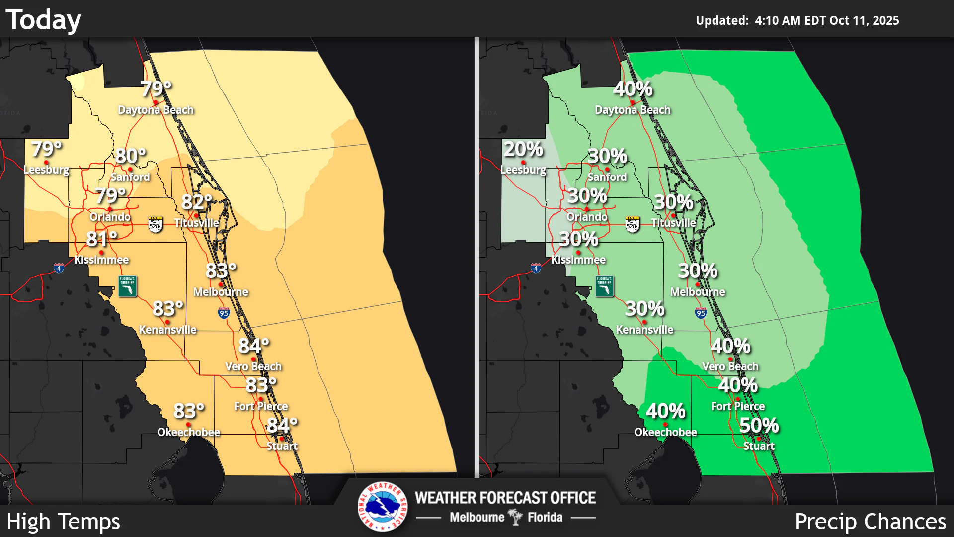 National Weather Service Melbourne High Temperatures and Rain Chances for Central Florida October 11, 2025