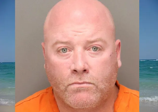 A split-image meme featuring the mugshot of a bald, bearded man with light eyes wearing an orange jail jumpsuit against a gray background on the left, juxtaposed with a serene tropical beach scene including blue sky, turquoise ocean, and waves crashing on the shore on the right.