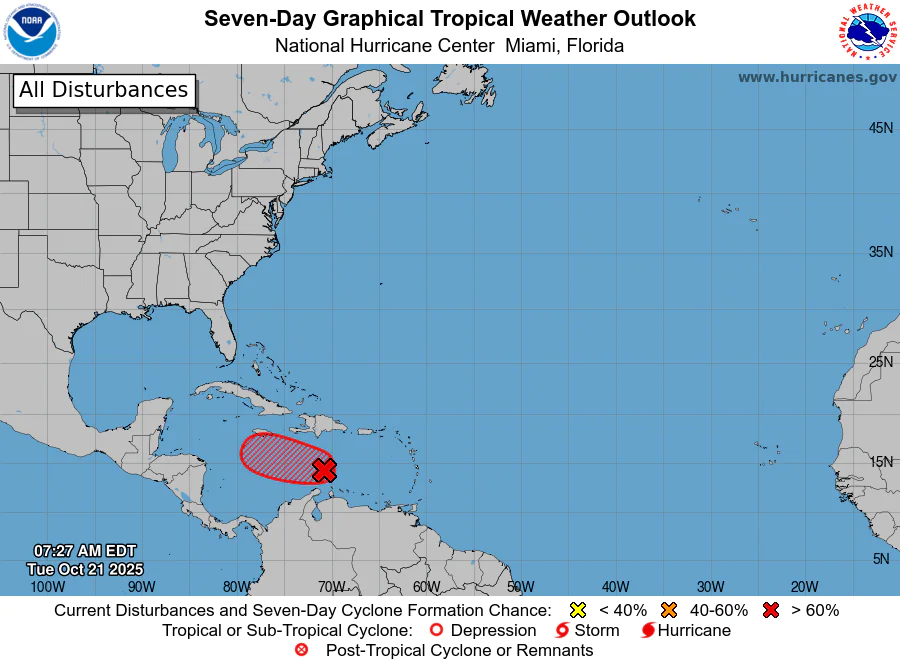 NOAA National Hurricane Center Tropical Weather Outlook for October 21, 2025.