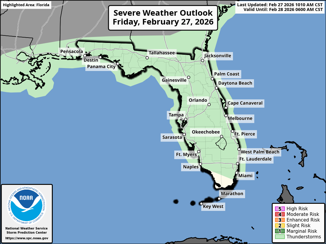 National Weather Service Storm Prediction Center Severe Weather Outlook for Florida February 27, 2026