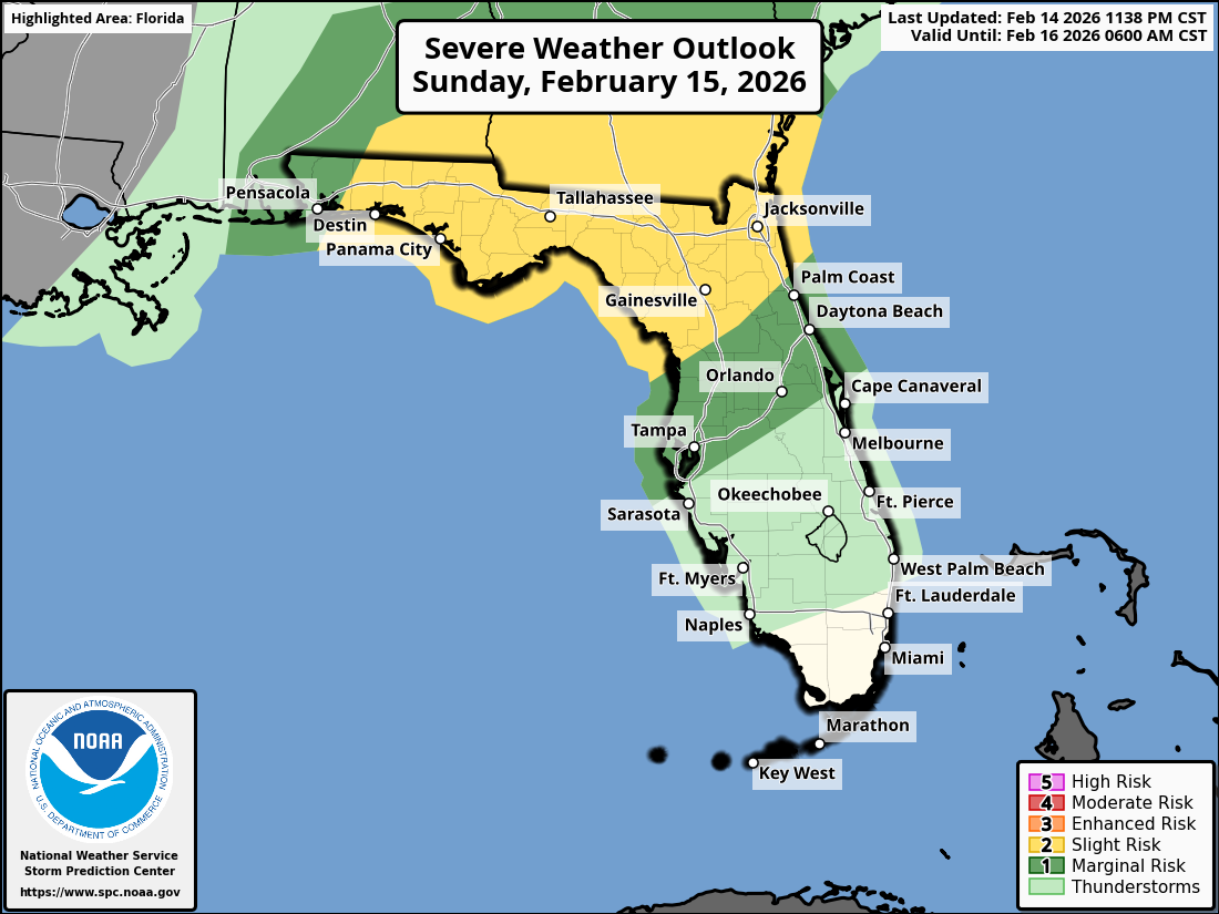 National Weather Service Storm Prediction Center Severe Weather Outlook for Florida February 15, 2026