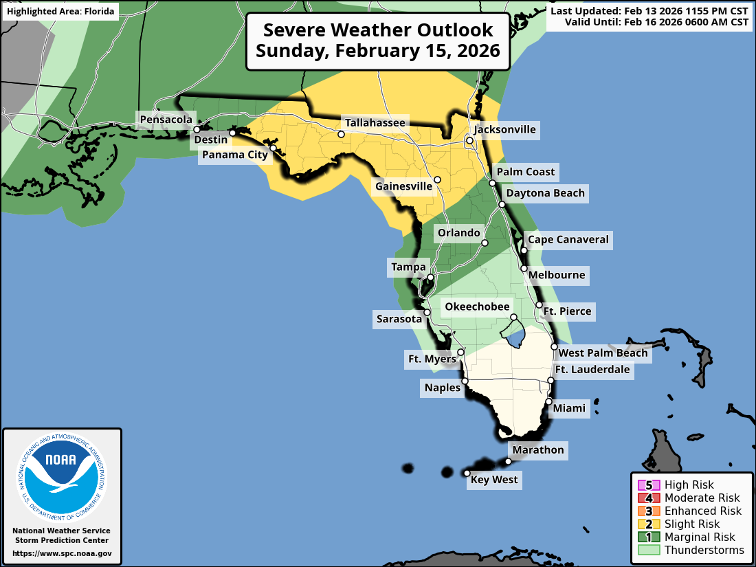National Weather Service Storm Prediction Center Severe Weather Outlook for Florida February 15, 2026
