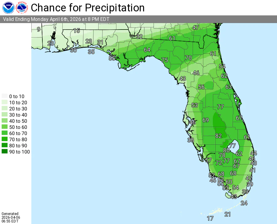 National Weather Service Rain Chances for Florida April 6, 2026.