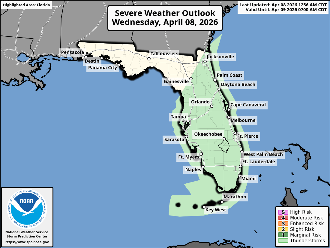 National Weather Service Storm Prediction Center Severe Weather Outlook for Florida on Tuesday, April 8, 2026.