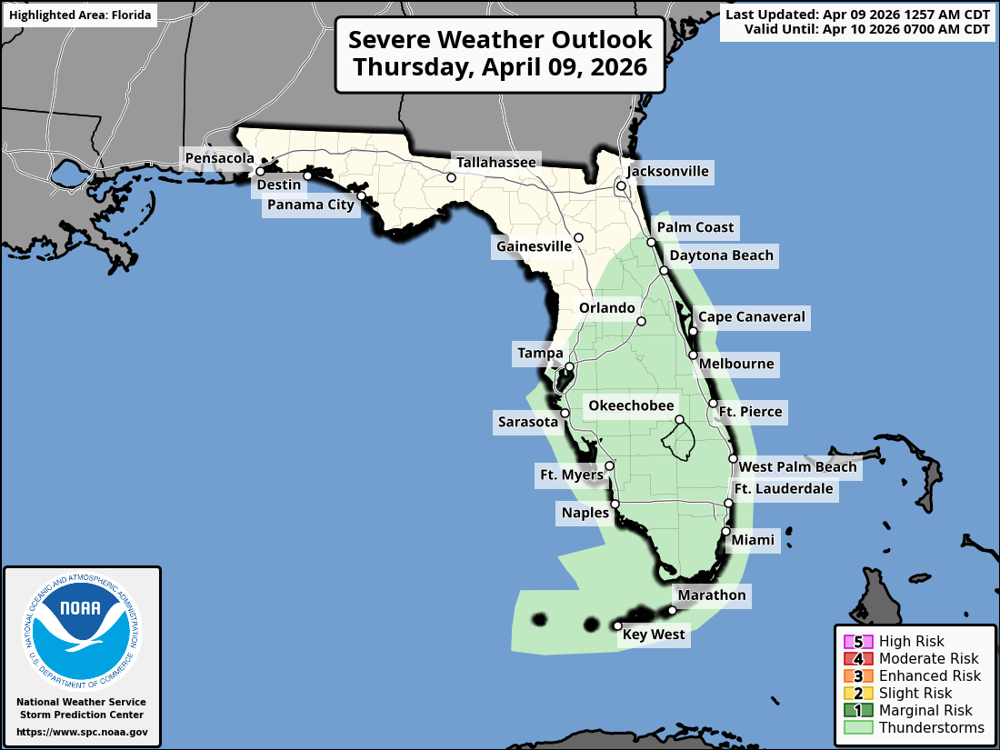 National Weather Service Storm Prediction Center Severe Weather Outlook for Florida on Thursday, April 9, 2026.