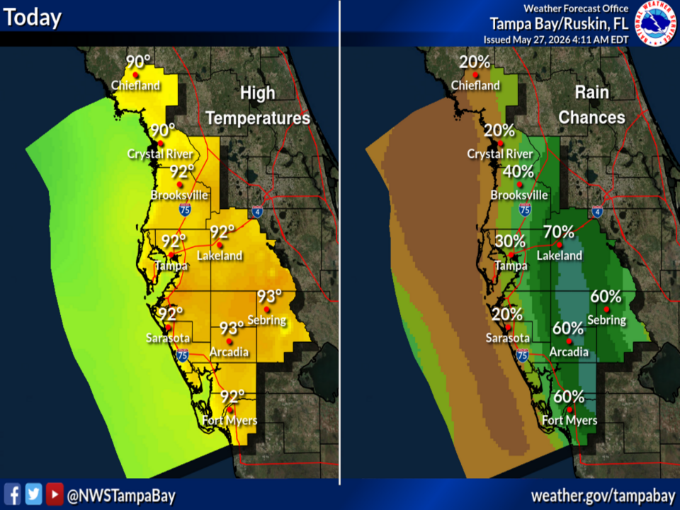 National Weather Service Tampa Bay Forecast for West Central and Southwest Florida on Wednesday, May 27, 2026.