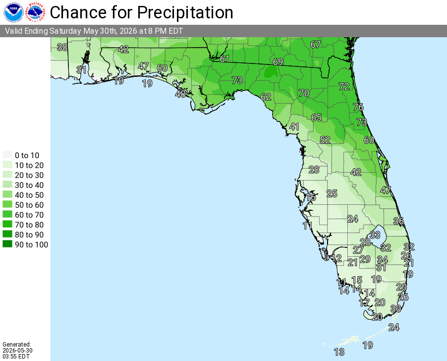 National Weather Service Rain Chances for Florida on Saturday, May 30, 2026.