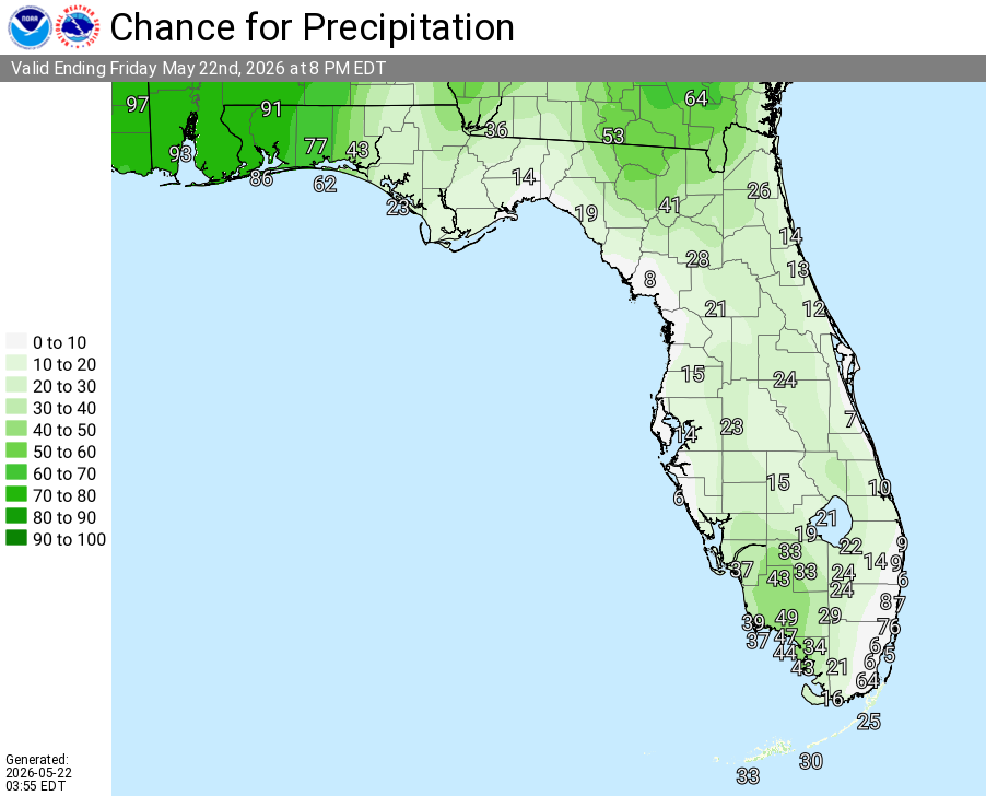 National Weather Service Rain Chances for Florida on Friday, May 22, 2026.