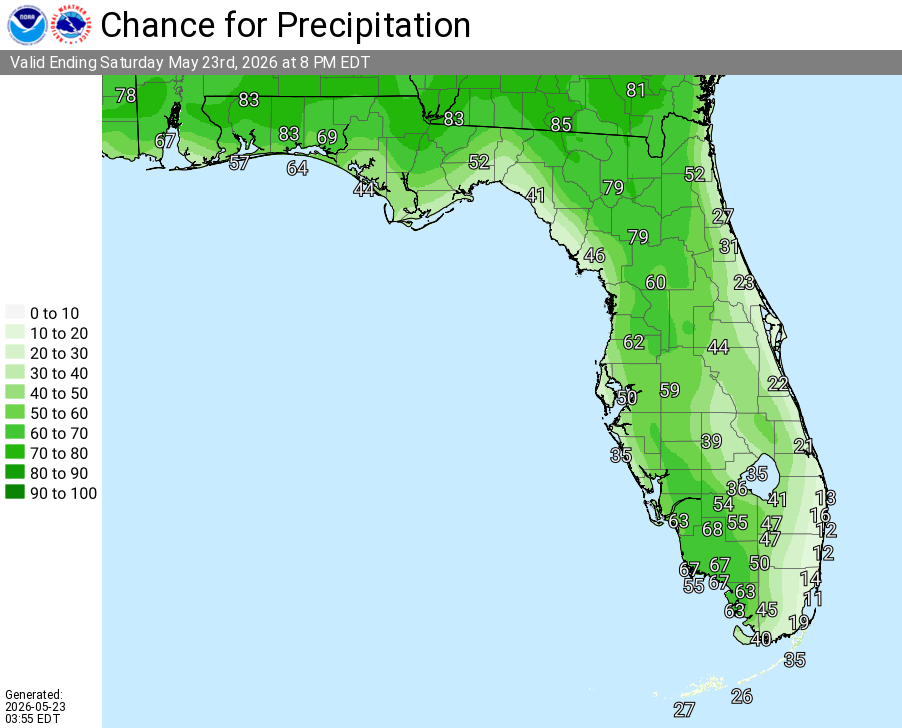 National Weather Service Rain Chances for Florida on Friday, May 23, 2026.
