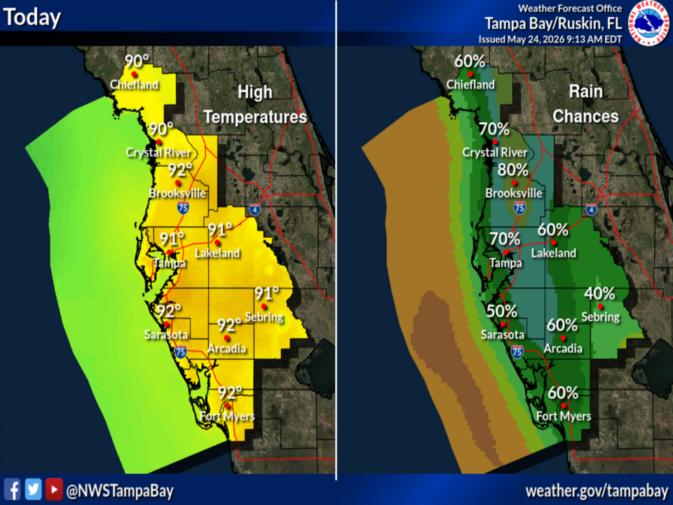 National Weather Service Tampa Bay Forecast for West Central and Southwest Florida on Sunday, May 24, 2026.