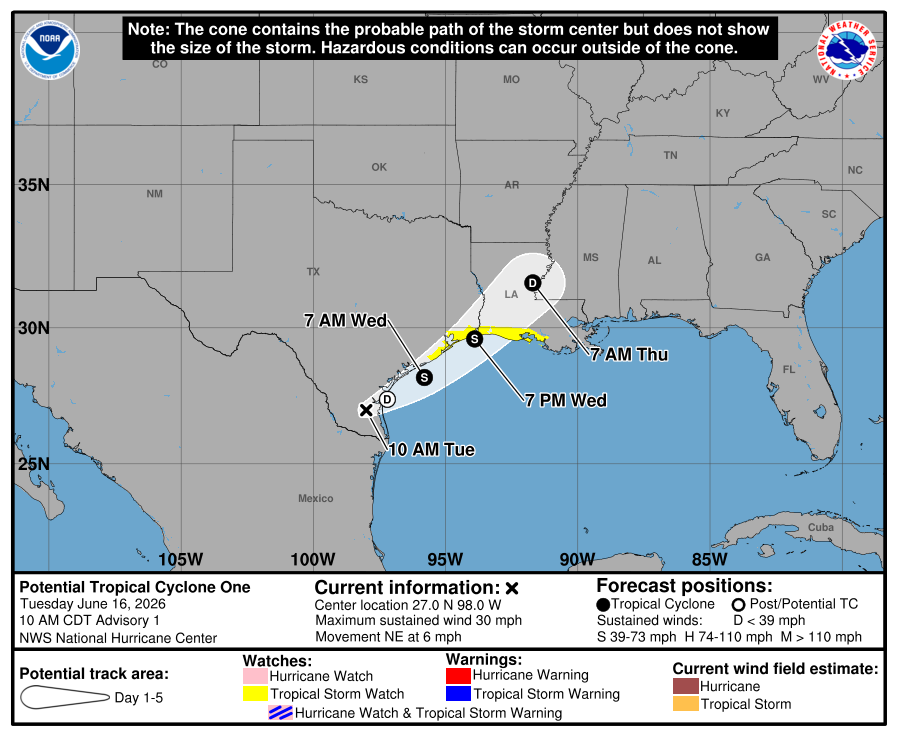 NOAA National Hurricane Center Potential Tropical Cyclone One Projected Path