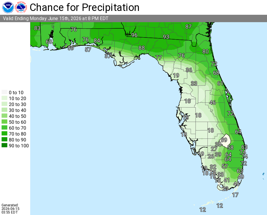 National Weather Service Rain Chances for Florida Florida on Tuesday, June 16, 2026.