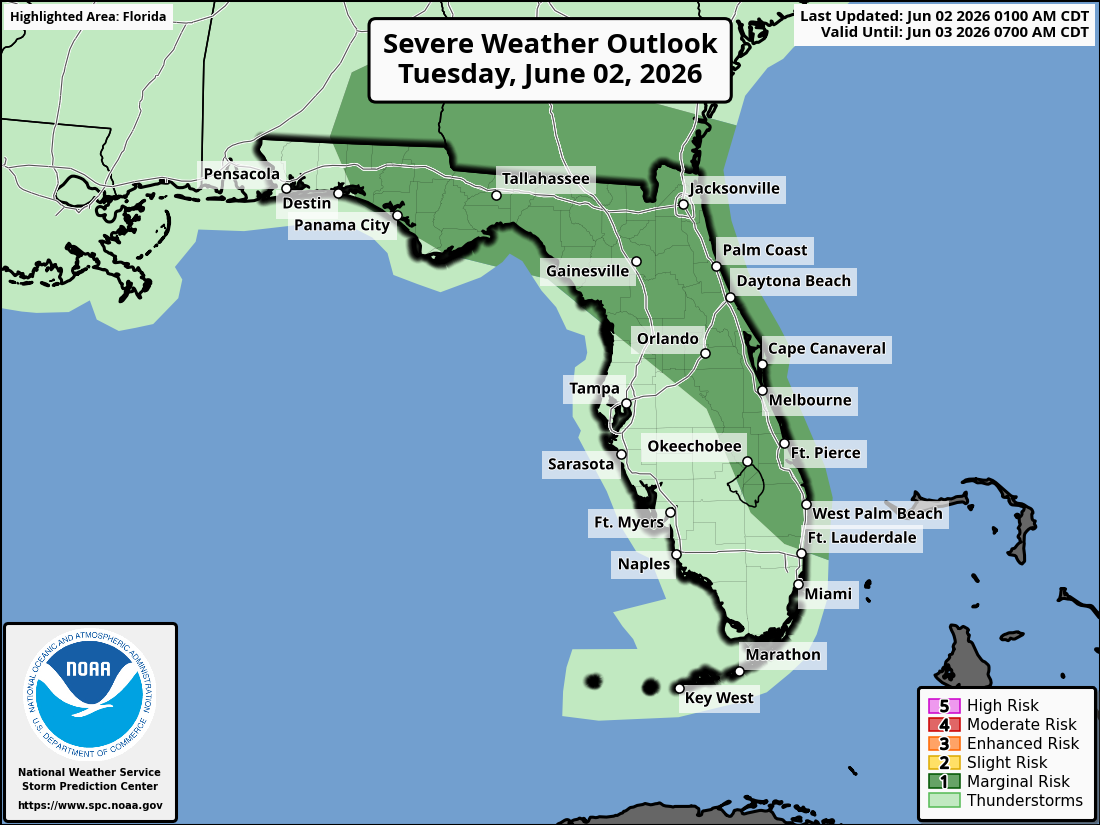 National Weather Service Storm Prediction Center Severe Weather Outlook for Florida on Tuesday, June 2, 2026.
