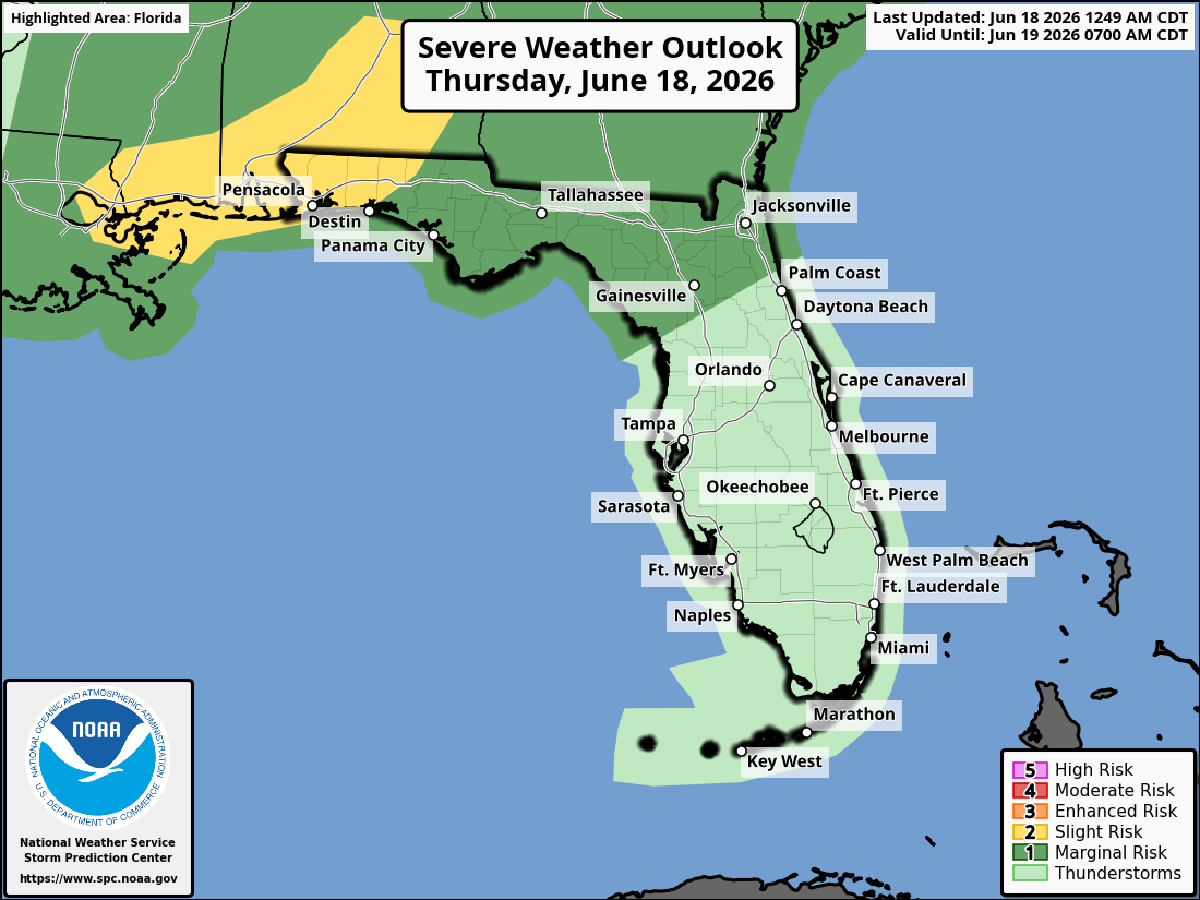 National Weather Service Storm Prediction Center Severe Weather Outlook for Florida for Thursday, June 18, 2026.