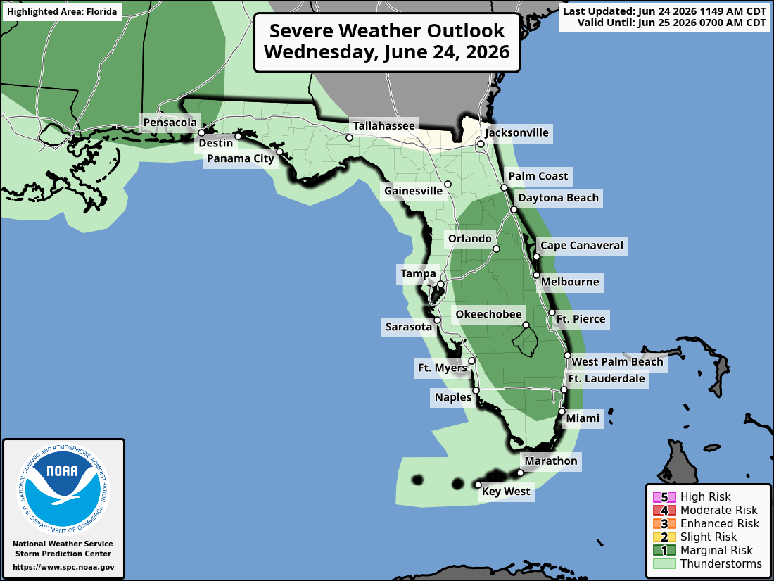 National Weather Service Storm Prediction Center Severe Weather Outlook for Florida for Wednesday, June 24, 2026.