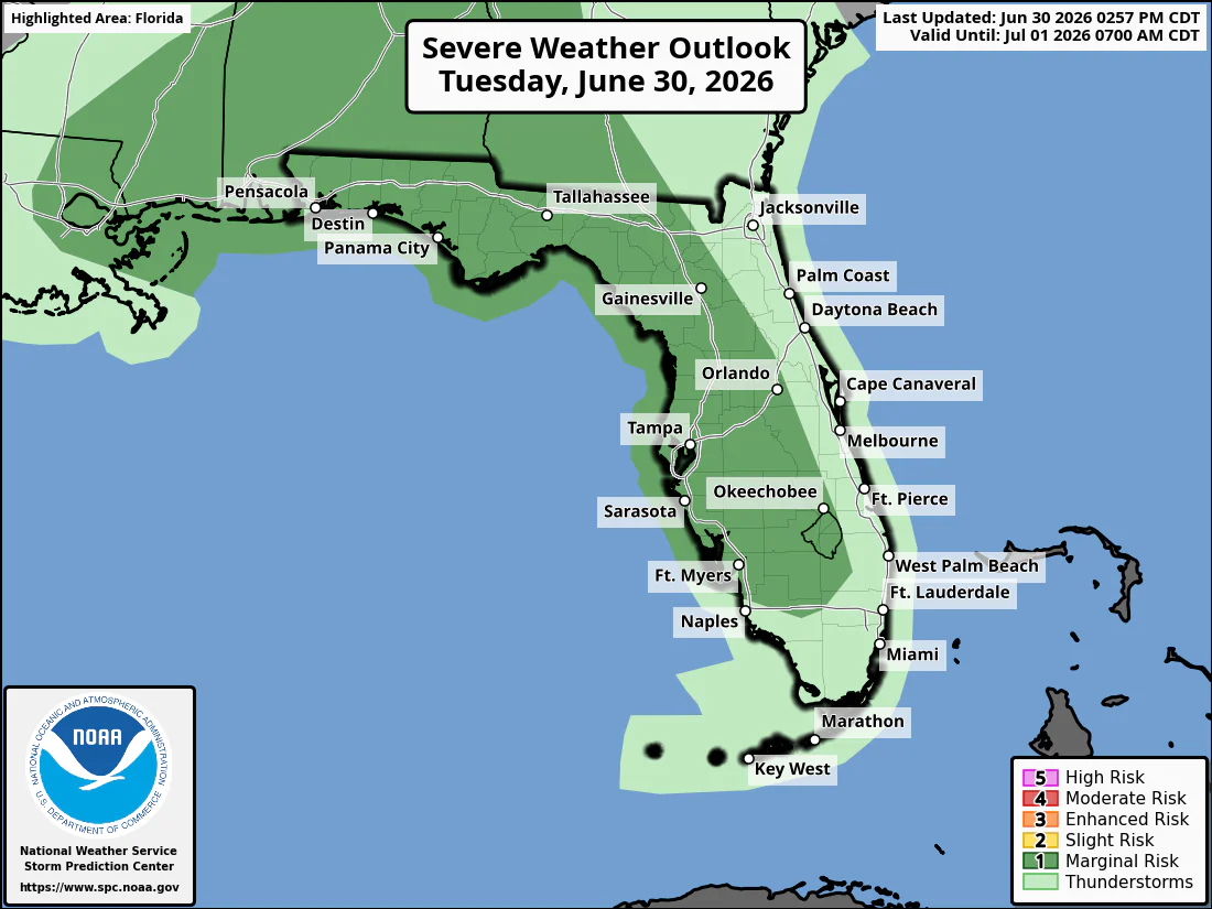 National Weather Service Storm Prediction Center Severe Weather Outlook for Florida for Tuesday, June 30, 2026.